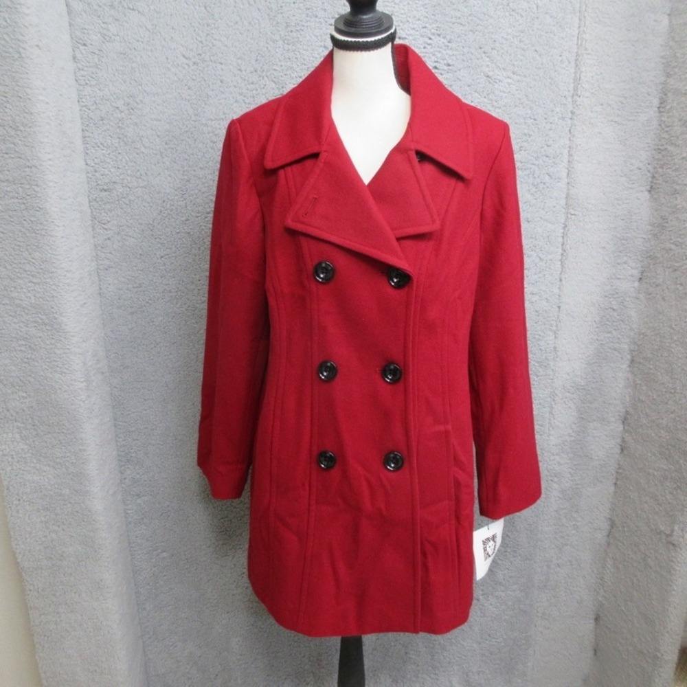 Anne Klein Peacoat Women XL Red Wool Blend Double Breasted Officecore Preppy